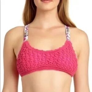 California Waves Crochet Bralette Bikini Top Raspberry Pink Floral Straps Size S